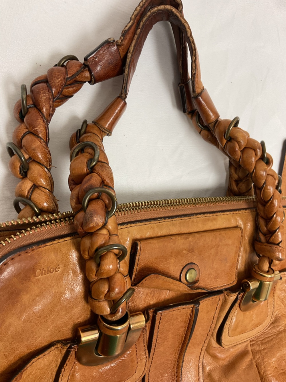 Chloé Paddington Style Tan Leather Satchel Braided Handles Gold Hardware - Picture 10 of 16